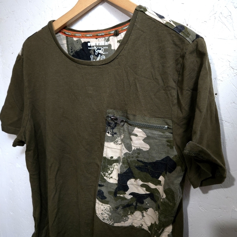 Triple Five Soul | Army Green Tee with Camouflage Pocket & Side Zippers - Picture 2 of 7